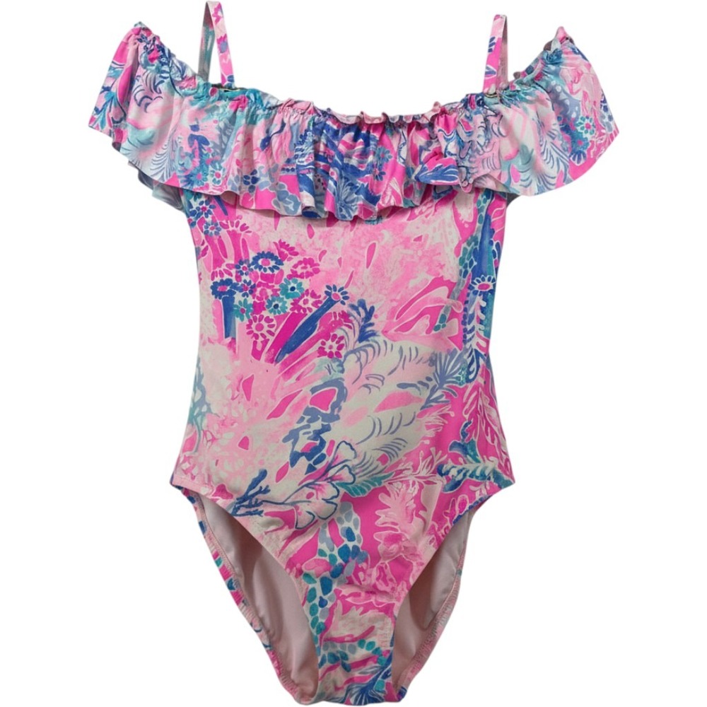 Lilly Pulitzer Size XS 0 One Piece Swimsuit Pink Blue Floral Ruffle Off Shoulder